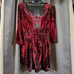 Apt. 9 red and black velvet burnout tunic top with a V-neck rhinestone Womens 1X